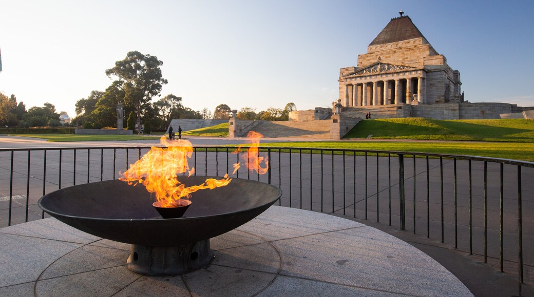 Shrine of Remembrance showing heritage architecture and a sunset