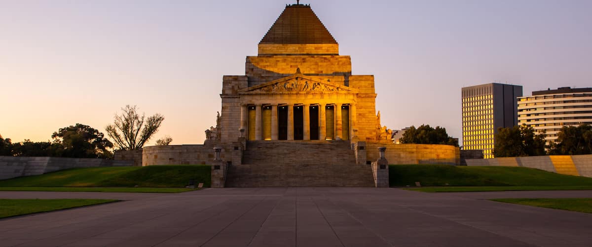 Shrine of Remembrance which includes a sunset and heritage architecture