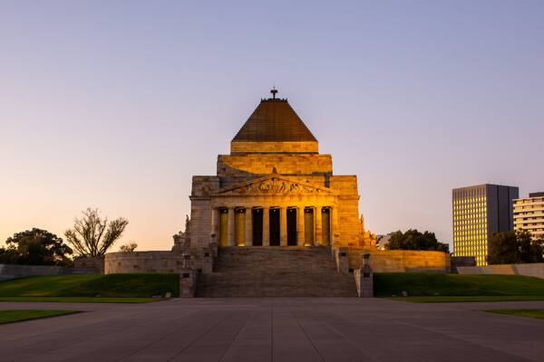 Shrine of Remembrance which includes a sunset and heritage architecture