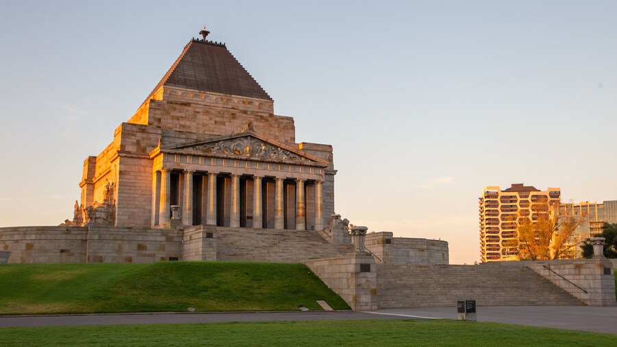 Shrine of Remembrance which includes heritage architecture and a sunset