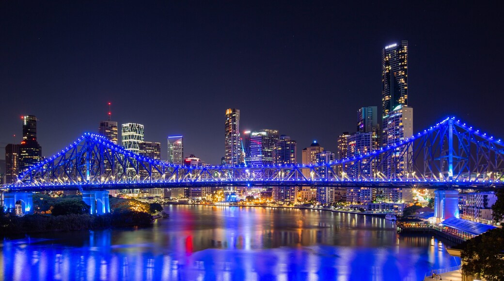 Story Bridge featuring a bridge, night scenes and a river or creek