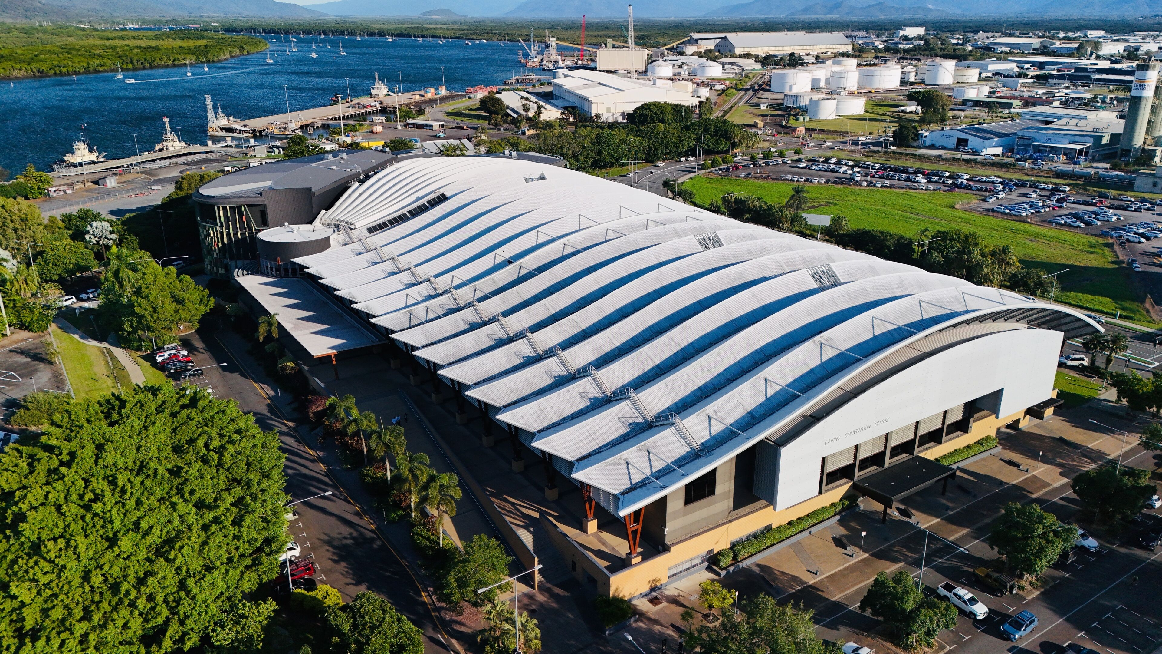 Cairns Convention Centre, Queensland: Aerial Photo of Iconic Architecture, Urban Landscape, Waterfront, and City Infrastructure in Tropical North Queensland, Australia