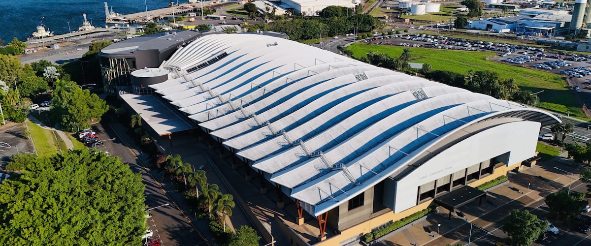 Cairns Convention Centre, Queensland: Aerial Photo of Iconic Architecture, Urban Landscape, Waterfront, and City Infrastructure in Tropical North Queensland, Australia