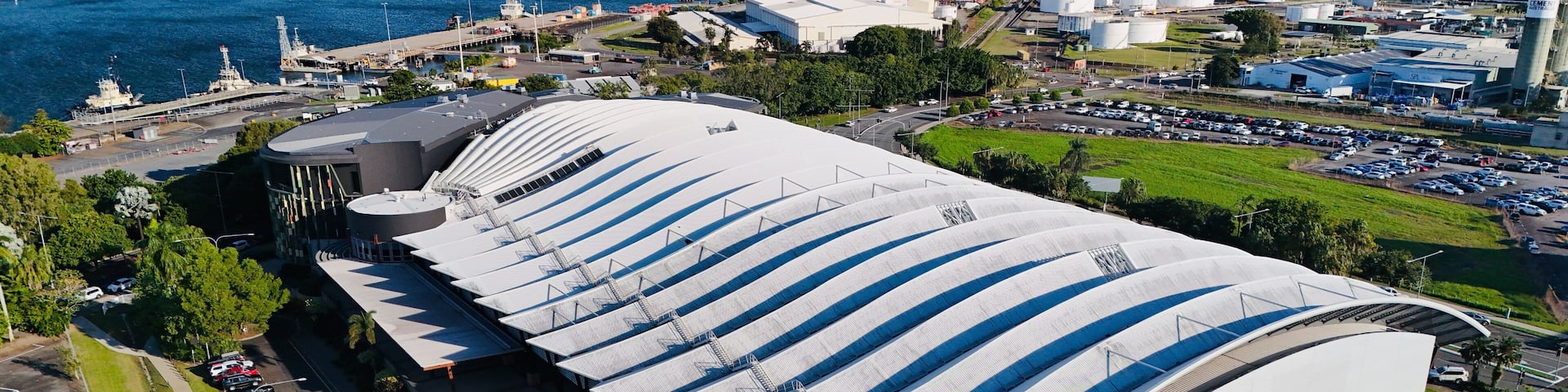 Cairns Convention Centre, Queensland: Aerial Photo of Iconic Architecture, Urban Landscape, Waterfront, and City Infrastructure in Tropical North Queensland, Australia