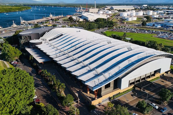 Cairns Convention Centre, Queensland: Aerial Photo of Iconic Architecture, Urban Landscape, Waterfront, and City Infrastructure in Tropical North Queensland, Australia