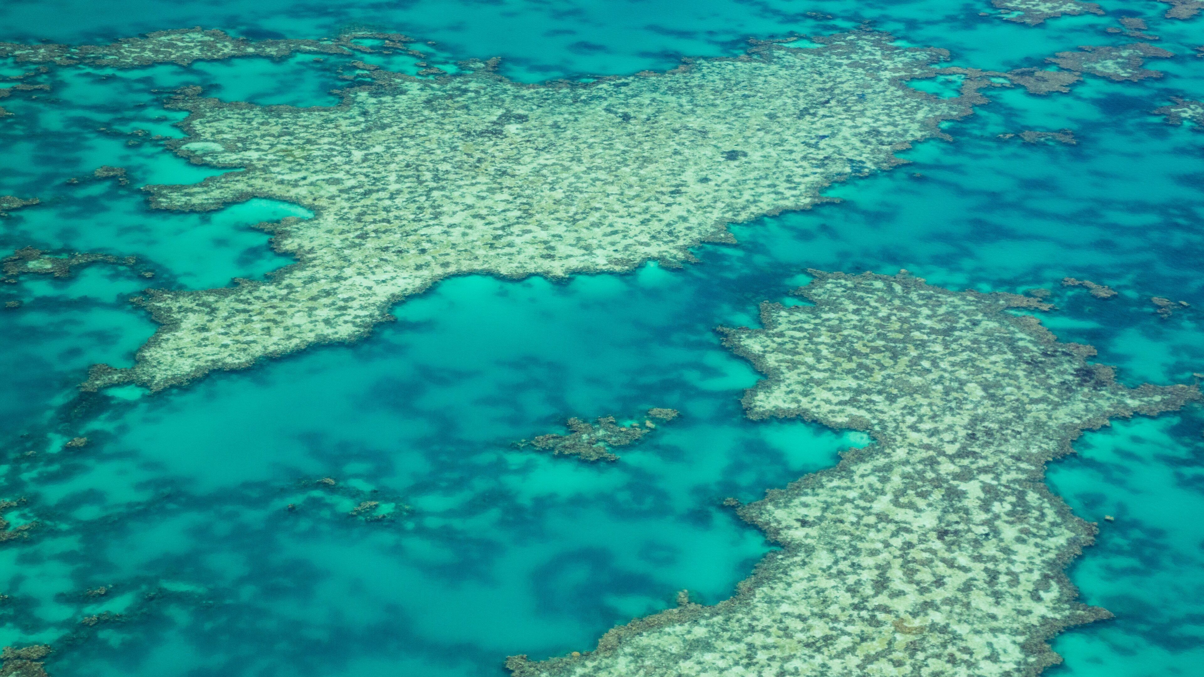 A coral reef system with multiple atolls and lagoons.