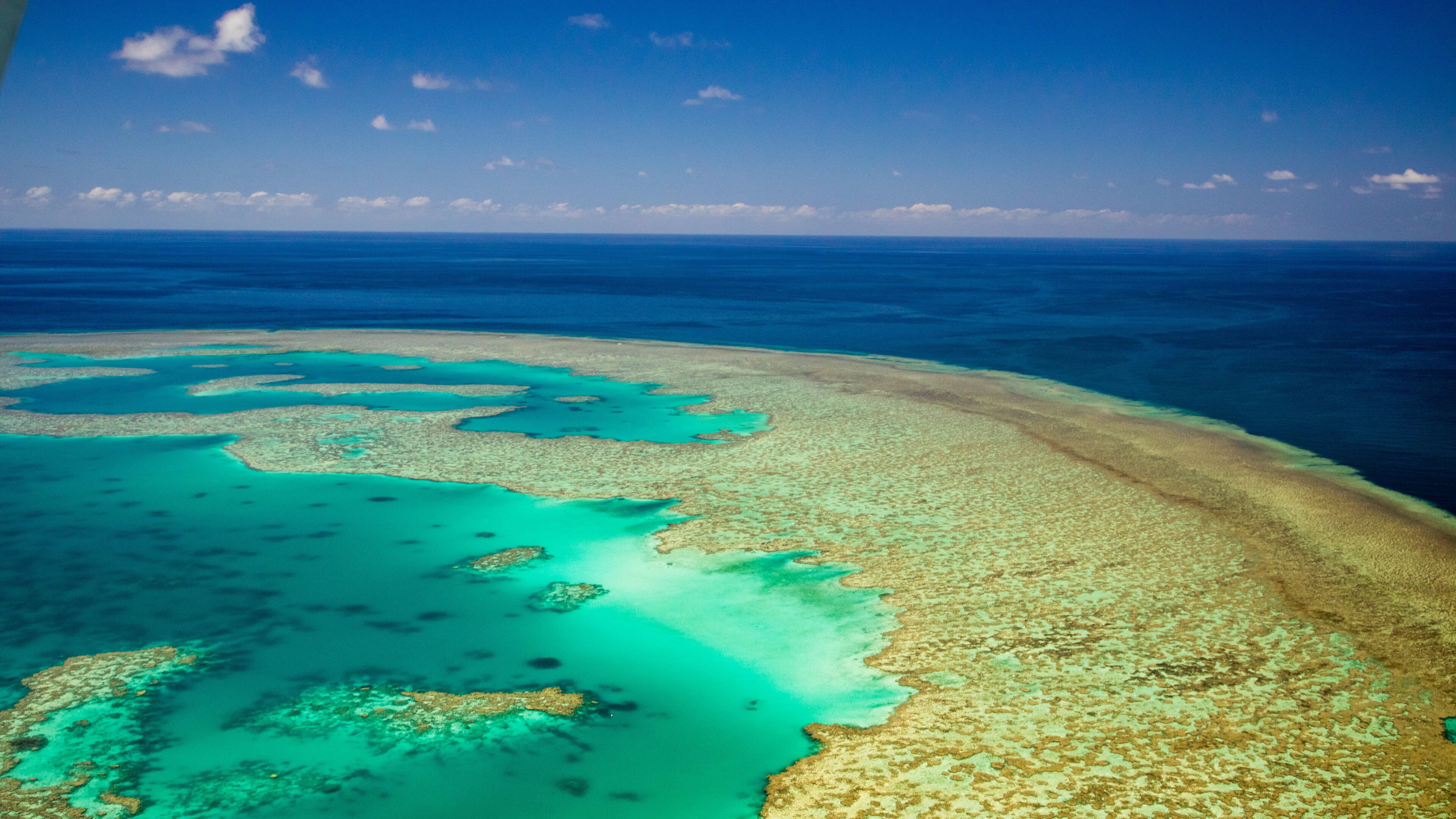 A coastal landscape with turquoise waters, sandy beaches, and coral reefs.