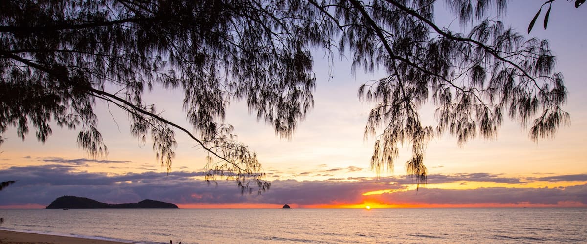 Palm Cove Beach showing a sandy beach, a sunset and general coastal views