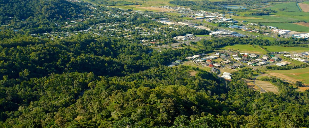 A coastal town with dense forest, a mountain, and a large body of water.