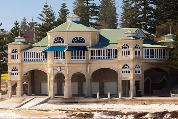 Cottesloe Beach which includes a sandy beach and a coastal town