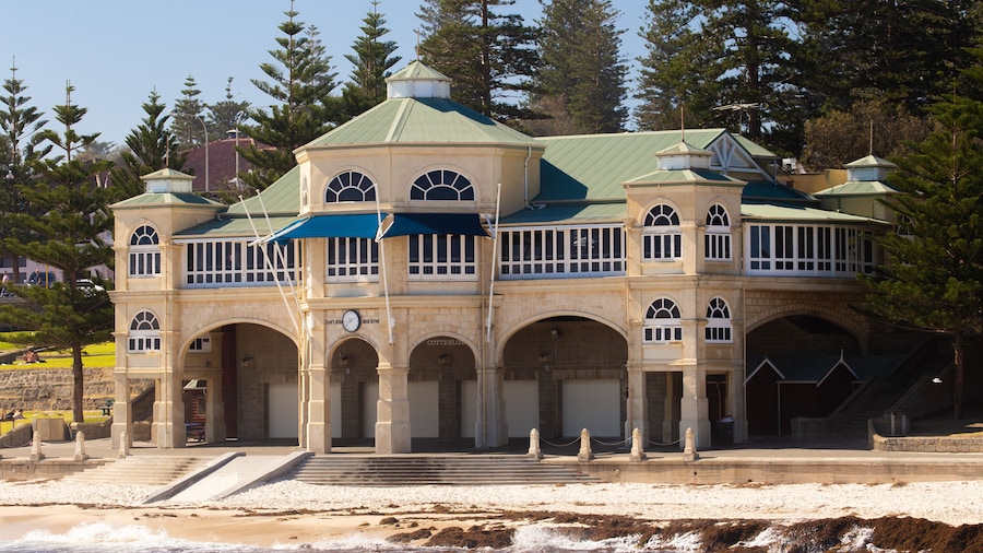 Cottesloe Beach which includes a sandy beach and a coastal town