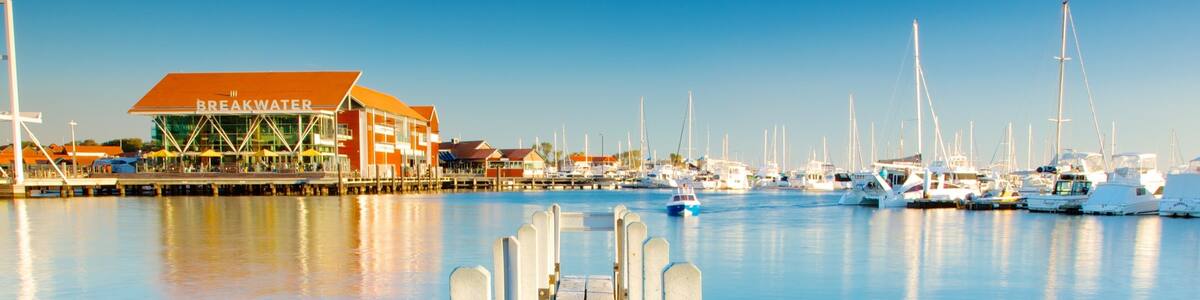 Hillarys Boat Harbour featuring a bay or harbor, boating and a coastal town