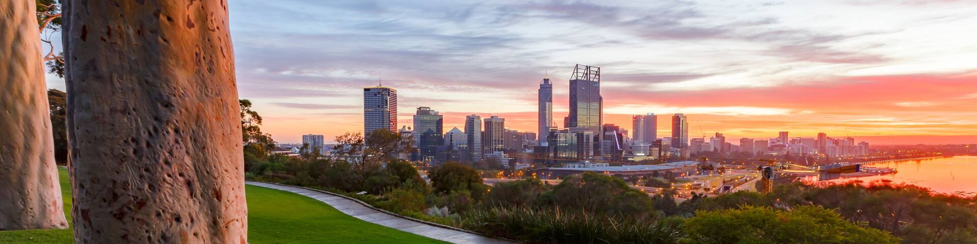 A city skyline at sunset with a park in the foreground.
