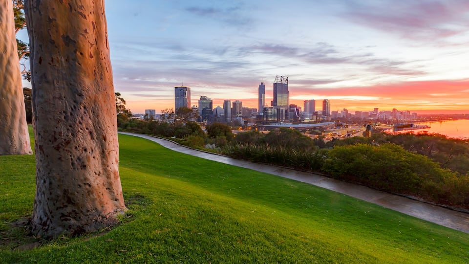 Ein Stadtpanorama im Abendlicht, mit einem Park im Vordergrund.