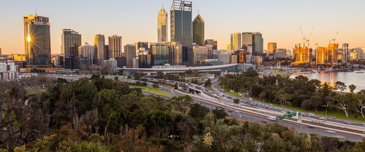 Kings Park and Botanic Garden featuring landscape views, a sunset and a city