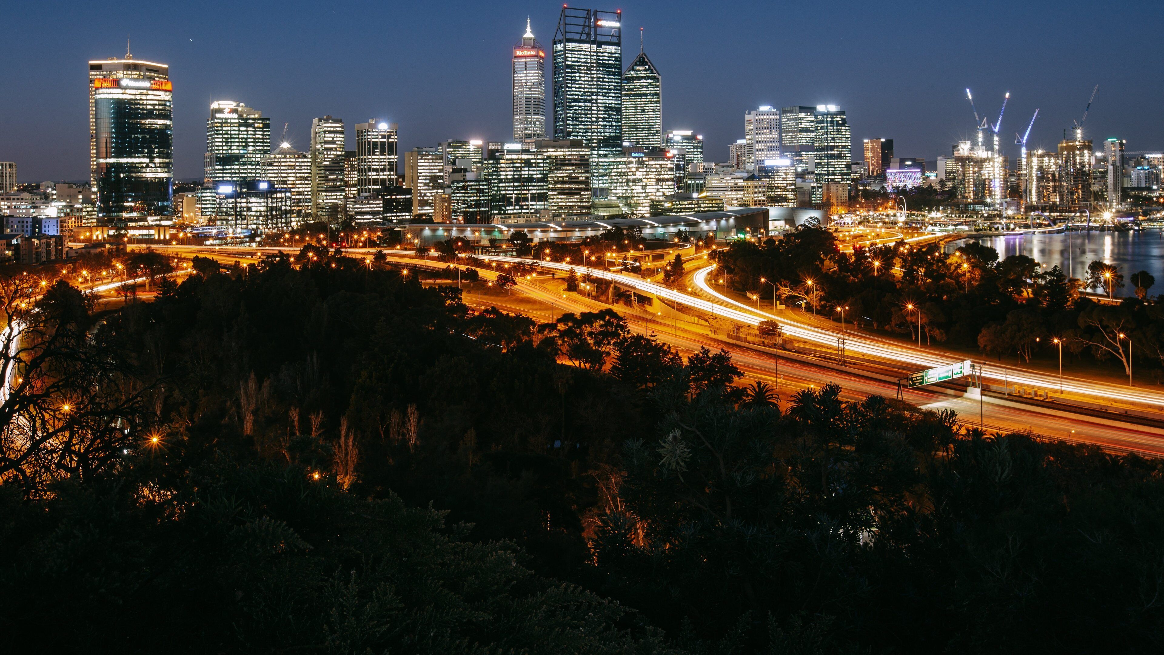 Kings Park and Botanic Garden showing night scenes, landscape views and a city