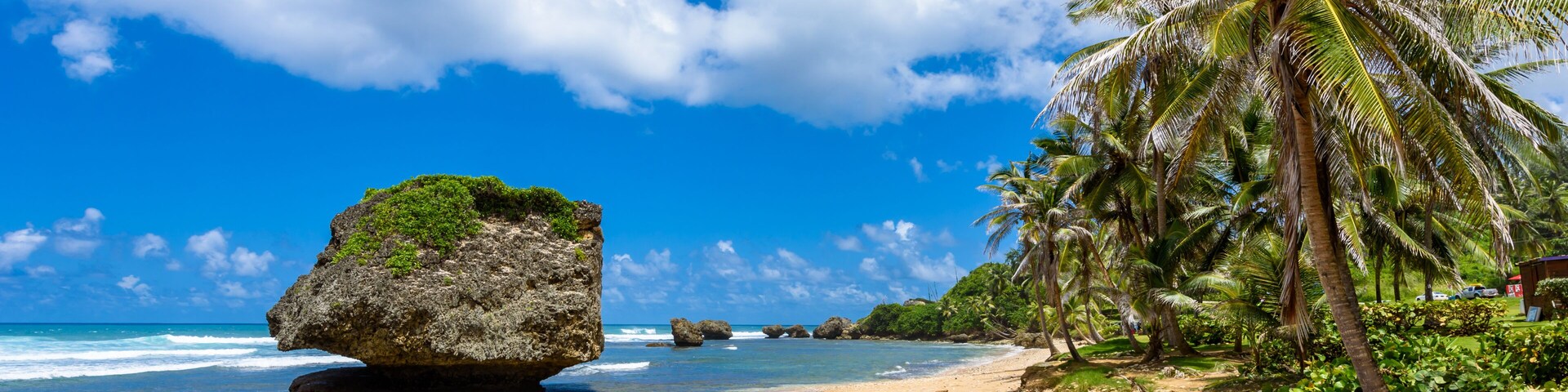 Una playa tropical con cielos azules despejados, una gran formación rocosa y palmeras.