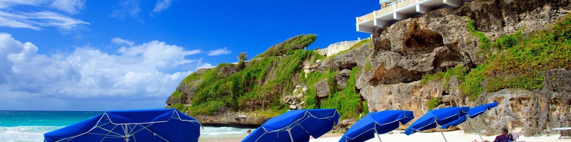 Playa Crane que incluye una playa de arena, una localidad costera y vistas de una costa