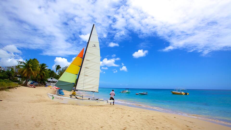 A beach with a sailboat, palm trees, and clear blue water.