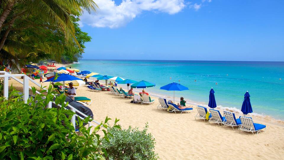 A beach with blue umbrellas and sun loungers.