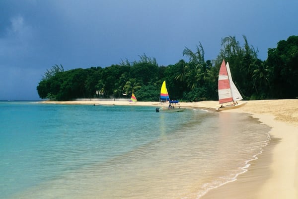 Sail boats are seen at a seashore near Sandy Lane Hotel Beach, Barbados, Caribbean
