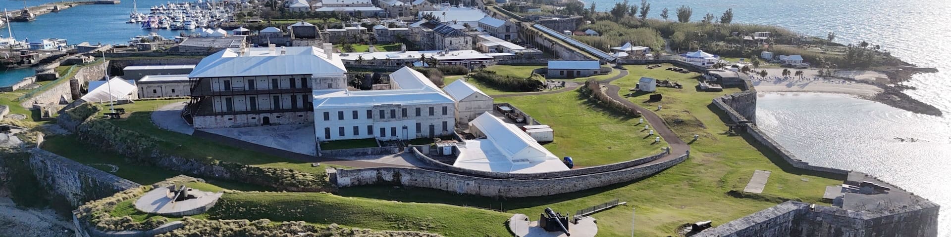 Hamilton, Bermuda - March 28, 2024: Overhead shots of the antique fort which was converted into the National Museum of Bermuda, taken using a dji 4 mini pro.
