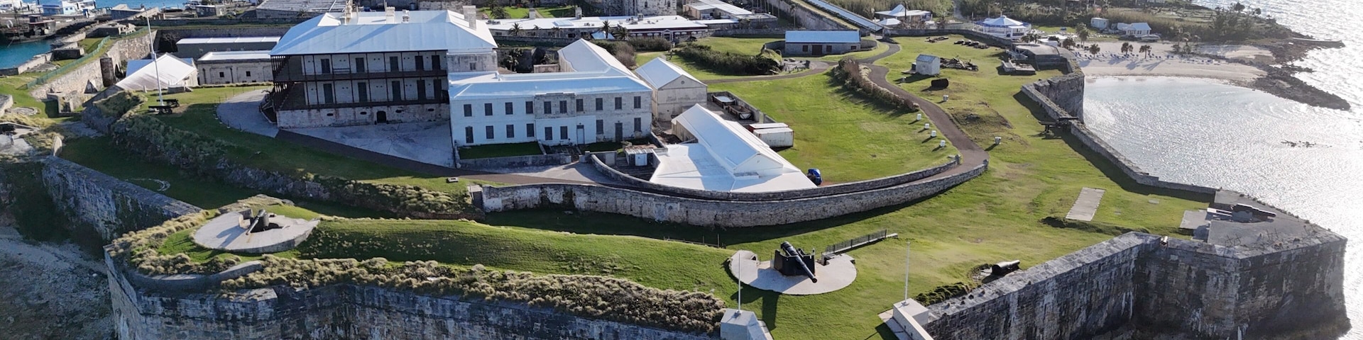 Hamilton, Bermuda - March 28, 2024: Overhead shots of the antique fort which was converted into the National Museum of Bermuda, taken using a dji 4 mini pro.