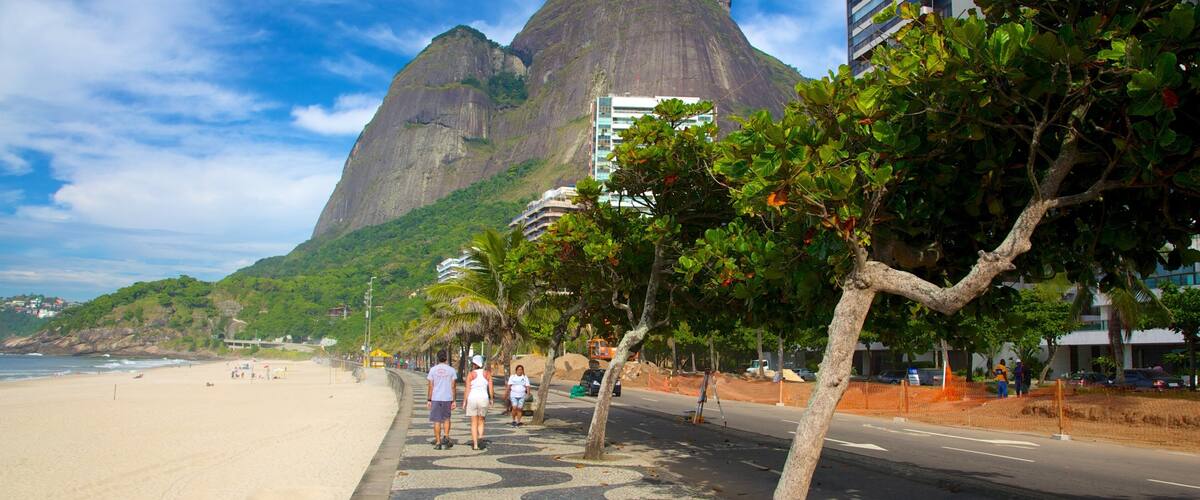 A beach with a large mountain in the background.