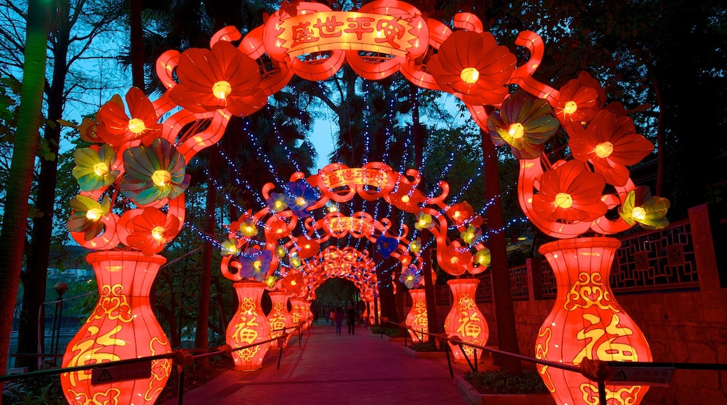 Yuexiu Park showing night scenes, outdoor art and a garden