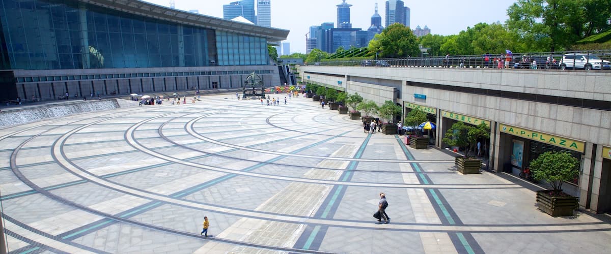 Shanghai Science and Technology Museum showing modern architecture, a city and a square or plaza