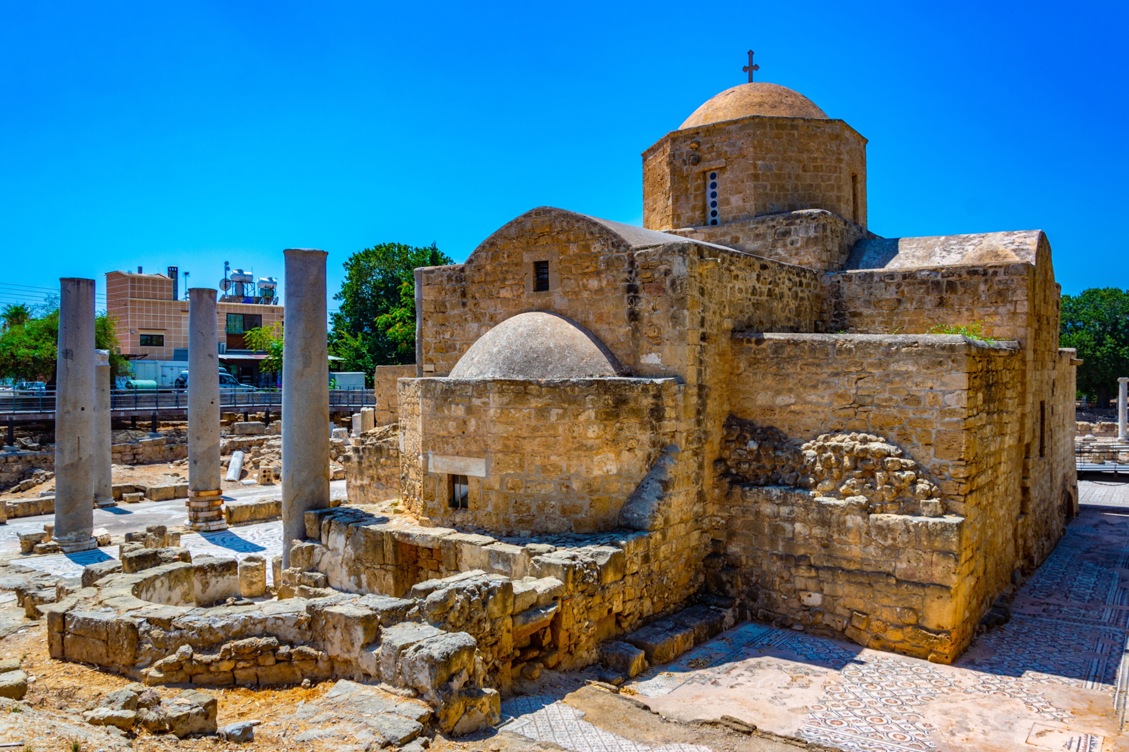 Agia Kyriaki Chrysopolitissa church surrounded with ruins of an ancient church, Paphos, Cyprus