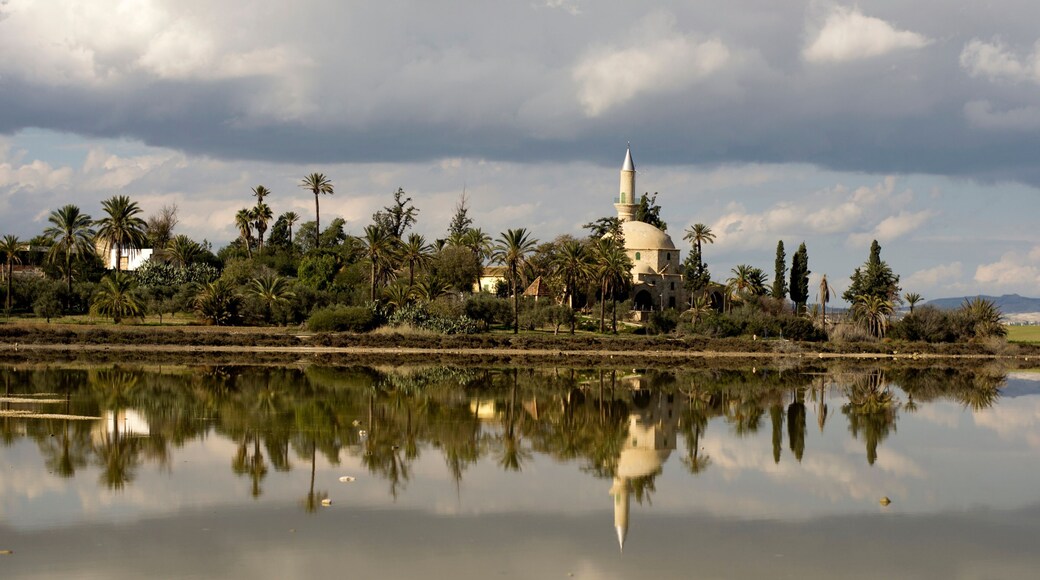Landscape of Hala Sultan Tekke mosque in Cyprus with cloudy sky