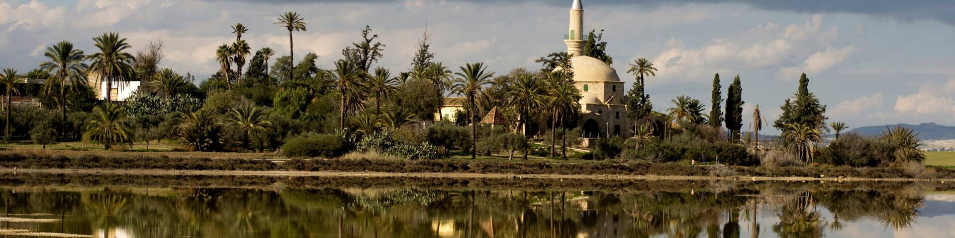 A mosque with a dome and minaret, surrounded by palm trees and reflecting in a calm body of water.