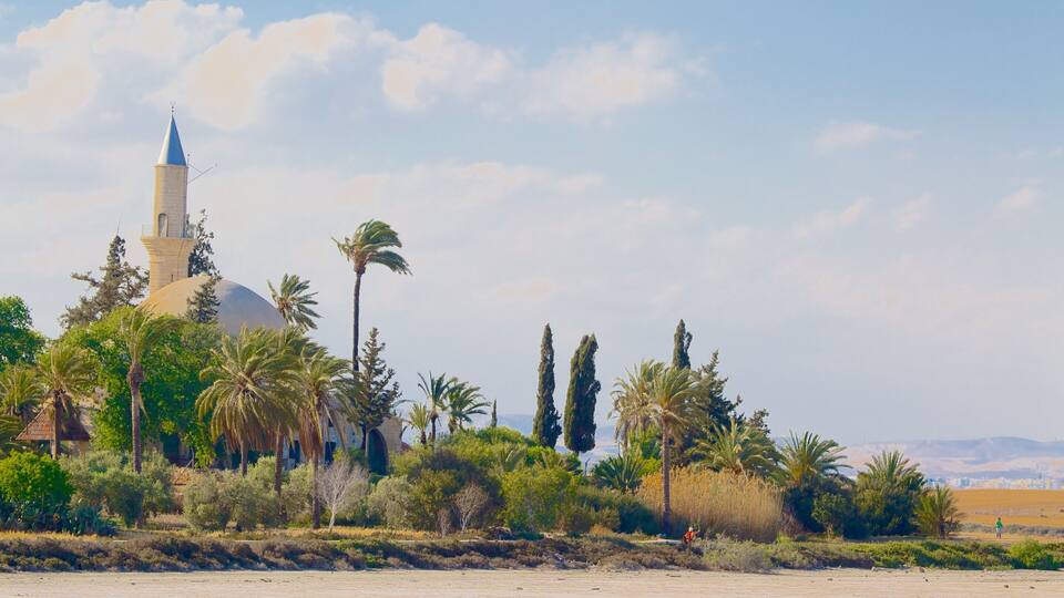 A mosque with a dome and minaret, surrounded by palm trees and cypress trees in a desert landscape.