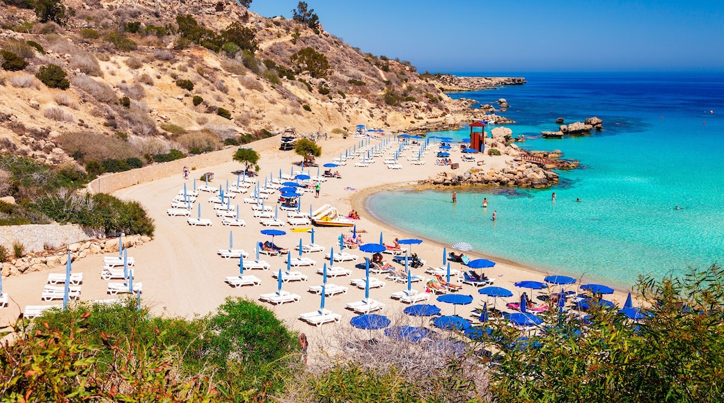 Beautiful landscape near of Nissi beach and Cavo Greco in Ayia Napa, Cyprus island, Mediterranean Sea. Amazing blue green sea and sunny day.