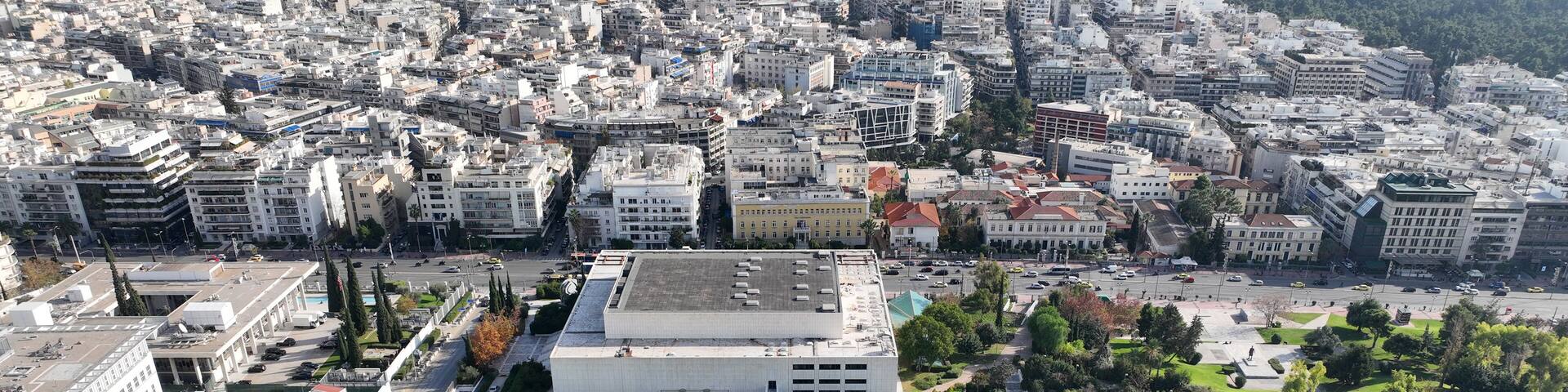 Aerial drone top down photo of famous Concert hall or Megaro mousikis in the heart of Athens, Attica, Greece