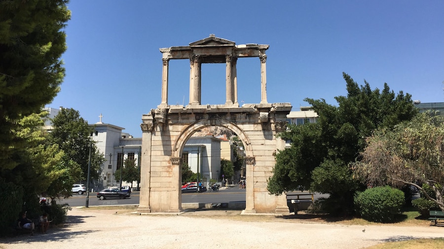 The Arch of Hadrian, most commonly known in Greek as Hadrian's Gate, is a monumental gateway resembling—in some respects—a Roman triumphal arch. Athens, Greece