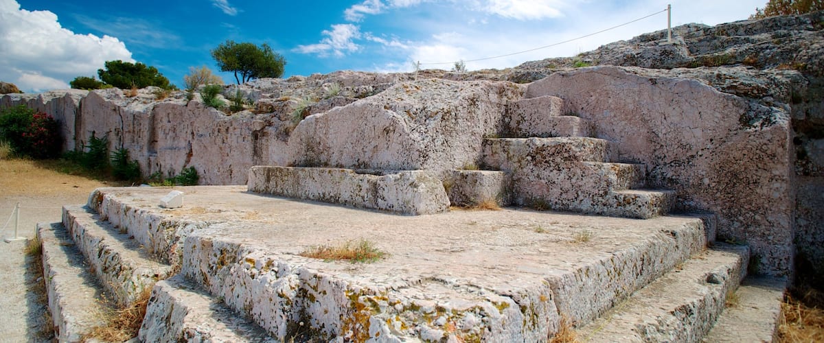 Pnyx showing building ruins and heritage elements