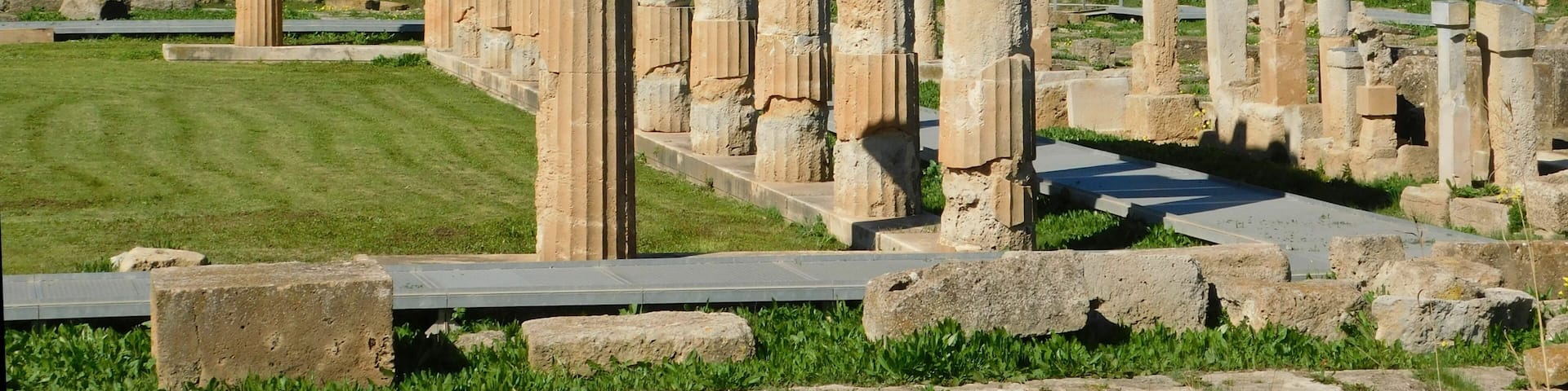 The ancient sanctuary of Artemis. Columns of the arcade or stoa before the temple, in Brauron or Vravrona, Attica, Greece