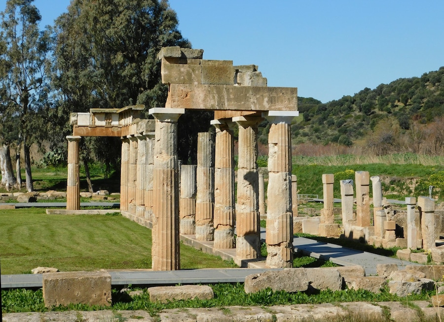 The ancient sanctuary of Artemis. Columns of the arcade or stoa before the temple, in Brauron or Vravrona, Attica, Greece