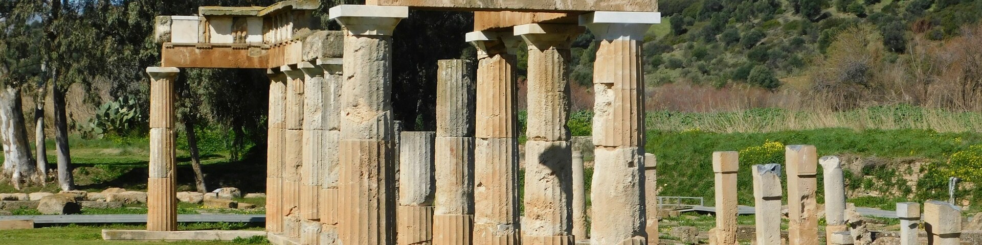 The ancient sanctuary of Artemis. Columns of the arcade or stoa before the temple, in Brauron or Vravrona, Attica, Greece