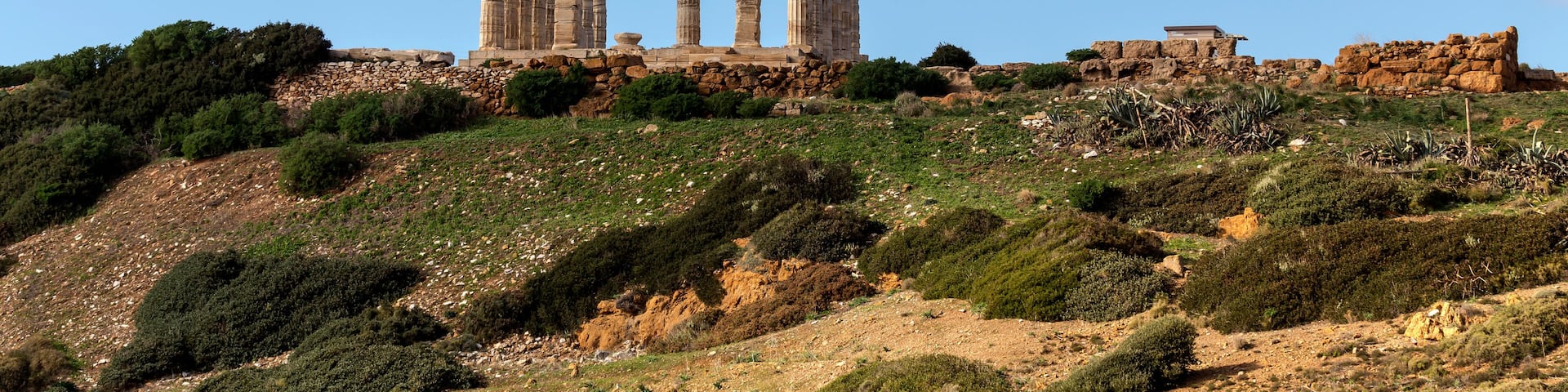 Cape Sounion and archaic-period temple of Poseidon (Lavreotiki municipality, East Attica, Greece).