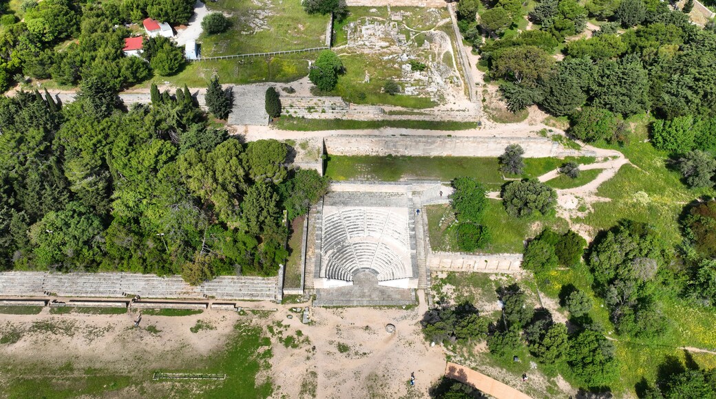 An ancient amphitheater surrounded by dense forest and ruins.