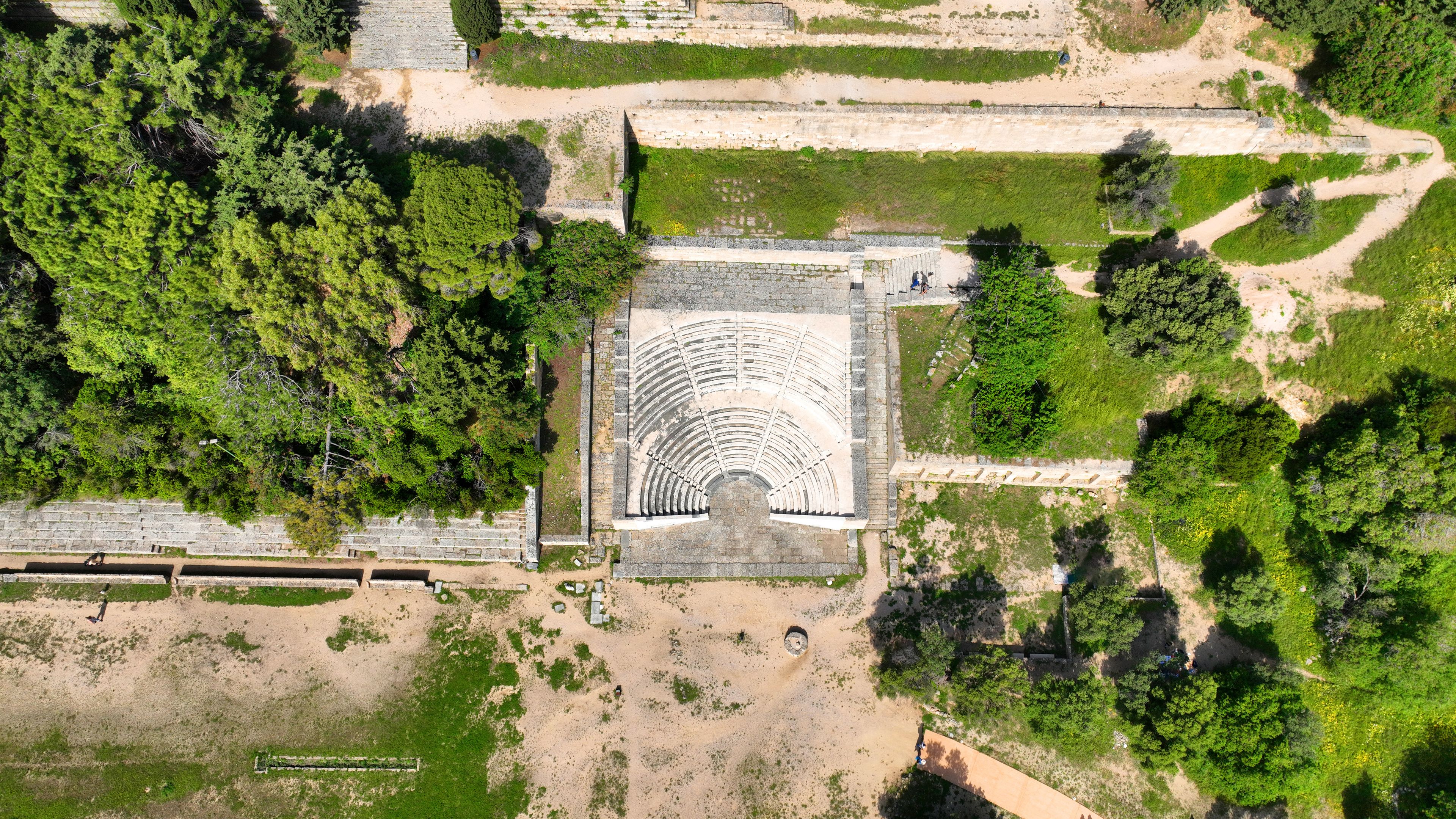 Aerial drone photo of archaeological site of Acropolis, Odeon and Ancient stadium of Rhodes in area of Monte Smith, Rhodes island, Dodecanese, Greece