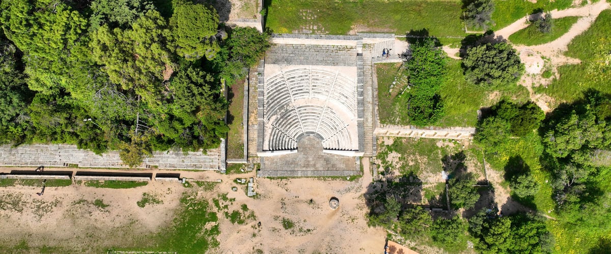 Aerial drone photo of archaeological site of Acropolis, Odeon and Ancient stadium of Rhodes in area of Monte Smith, Rhodes island, Dodecanese, Greece