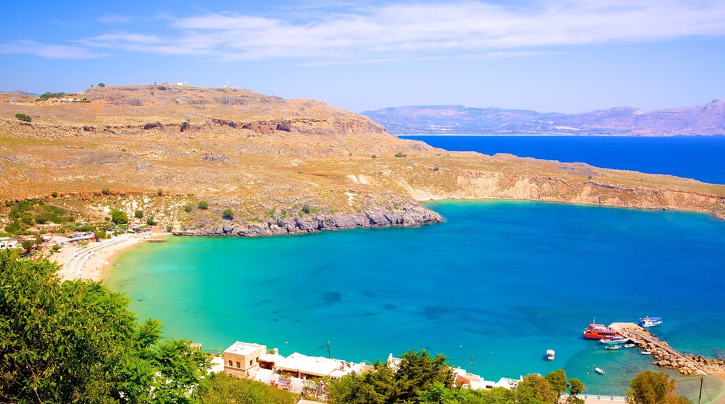 Lindos Beach which includes general coastal views and a bay or harbor