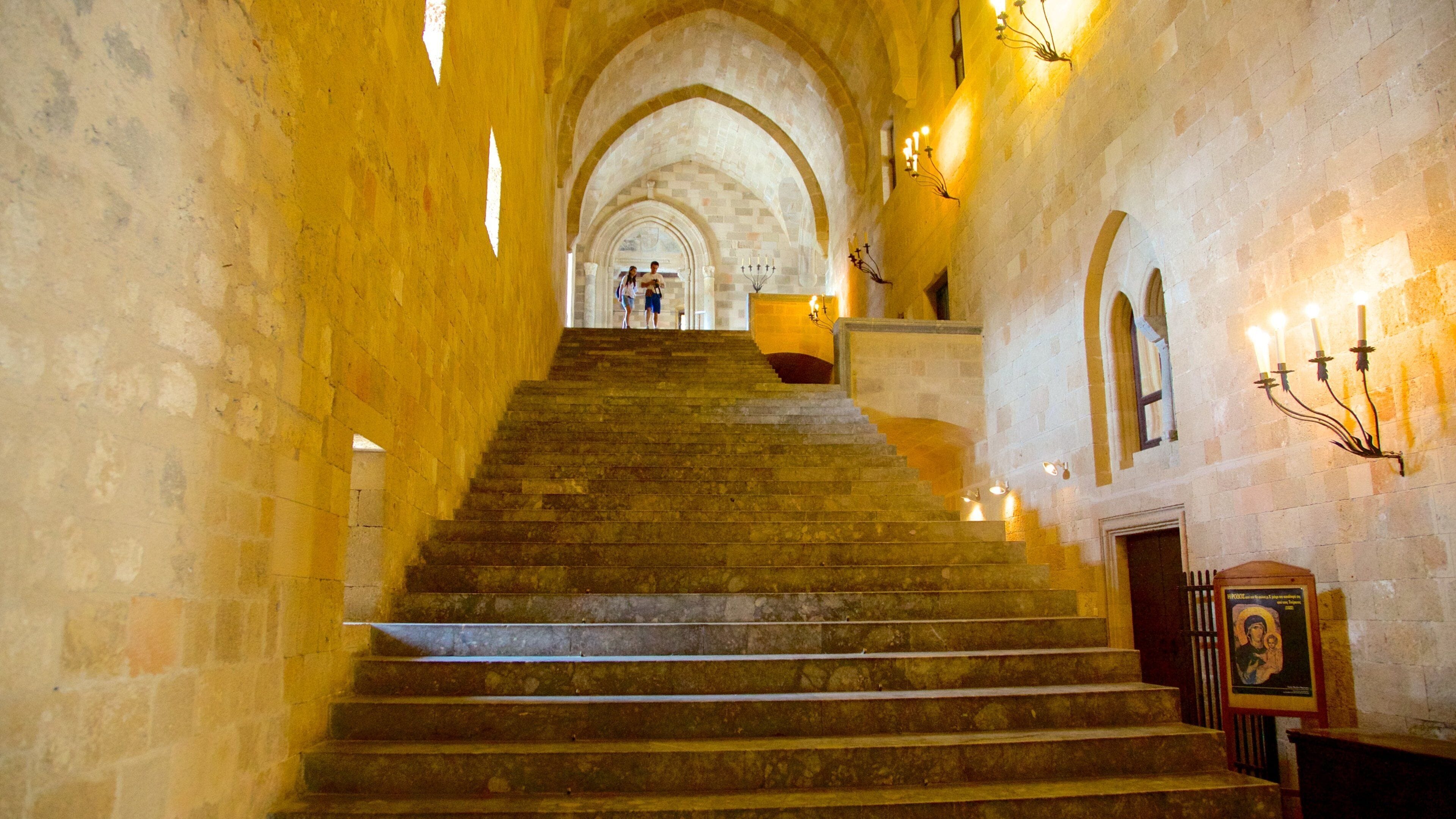 Palace of the Grand Master of the Knights of Rhodes showing heritage architecture, a castle and interior views