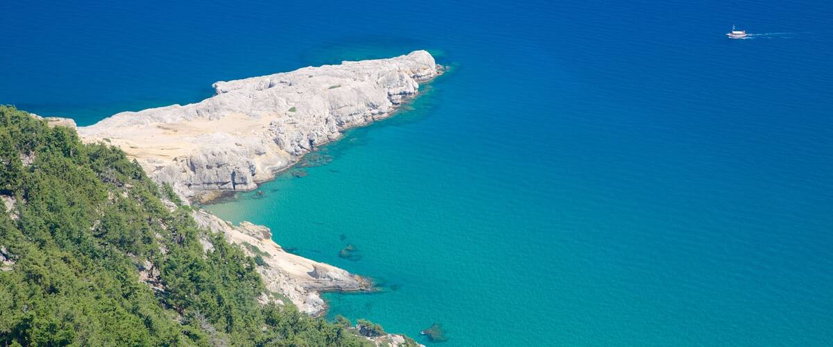 A coastal cliff with clear turquoise waters and a boat in the distance.