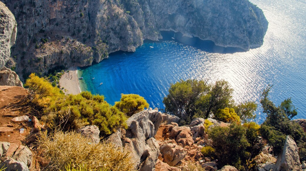 Aerial view of Butterfly valley in Oludeniz. Sunny summer beach landscape top view. Fethiye, Turkey nature landmark