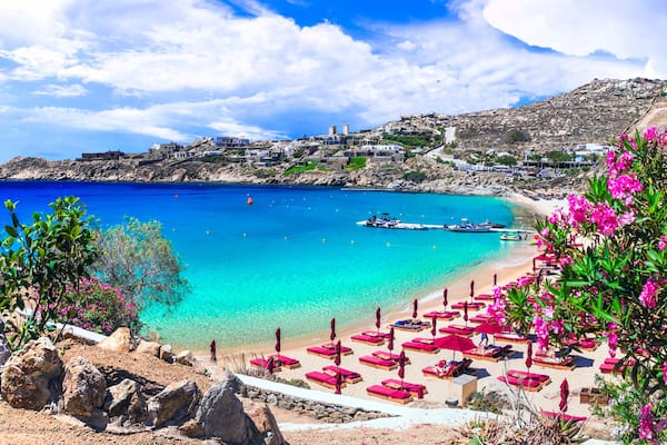 A coastal town with a beach, clear blue waters, and pink flowers.